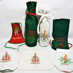 Vintage NEW 7 embroidered cloth Christmas wine bottle gift bags sacks
